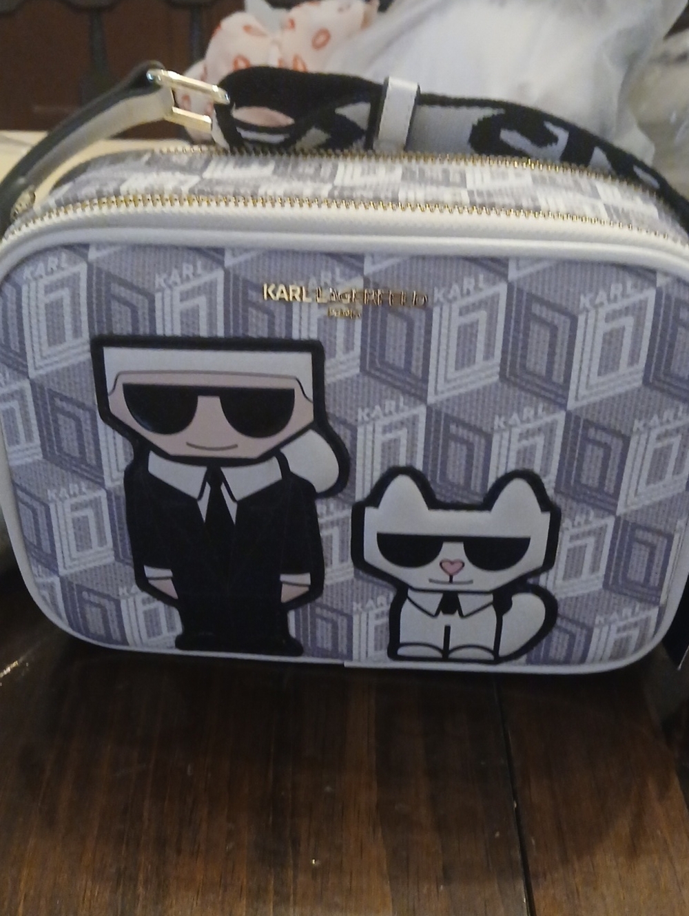 Karl Lagerfeld Gray and White Graphic Crossbody Belt Bag with Cartoon Motif